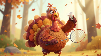 Turkey sport cartoon character in autumn park