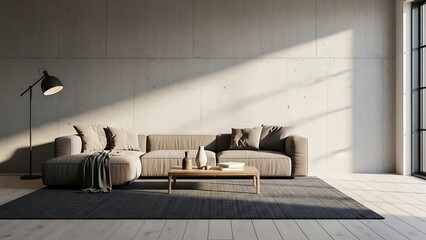 Scandinavian-Inspired Industrial Living Room Design: Neutral Minimalist Sofa, Wooden Coffee Table, and Textured Concrete Wall with Dramatic Sunlight and Shadow Play.