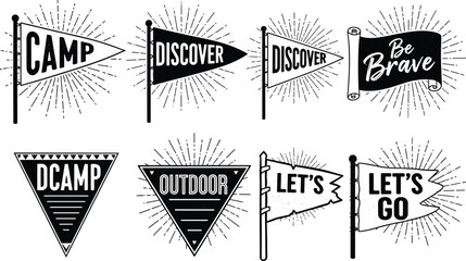 Vector collection of vintage monochrome flags and banners with sunbursts, featuring adventurous and motivational messages for outdoor exploration, camping, and travel themes