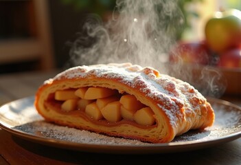 Authentic Apple Strudel Freshly Baked Rustic Pastry with Powdered Sugar Elegantly Coating