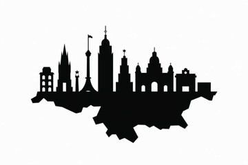 Black silhouette city skyline with famous buildings and map outline for travel and tourism concept, vector illustration