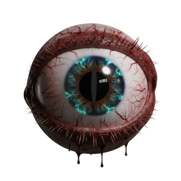 Macabre realistic eyeball with dripping blood and intense blue iris isolated on transparent background