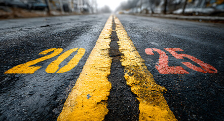 Road marking with 2025 and 2026 year designations separated by a yellow line