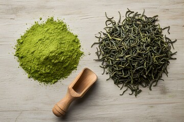 Matcha Green Tea Powder and Dried Tea Leaves Flat Lay