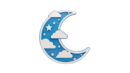 Crescent Moon with Clouds and Stars on White Background