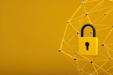 Yellow padlock connected network node security concept with abstract geometric lines and data protection mood