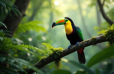 Naklejka premium Colorful toucan perches on mossy branch in verdant rainforest. Exotic bird with bright beak rests amid lush foliage, sunlit jungle environment, natural habitat, lush green background.