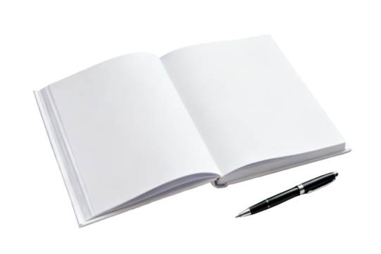 Open blank book with pen on isolated transparent background for writing notes or ideas - Powered by Adobe