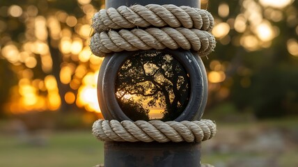 A mesmerizing reflection of a tree at golden hour framed by textured rope on a dark structure