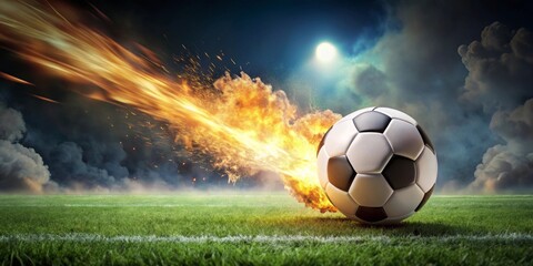 Fototapeta premium Fiery Soccer Ball Blazing Across the Field in a Dramatic Nighttime Stadium Setting