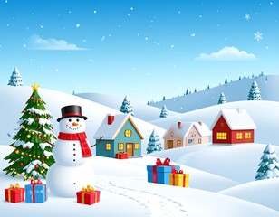 Animated winter village scene with snowman, gifts, and a decorated tree