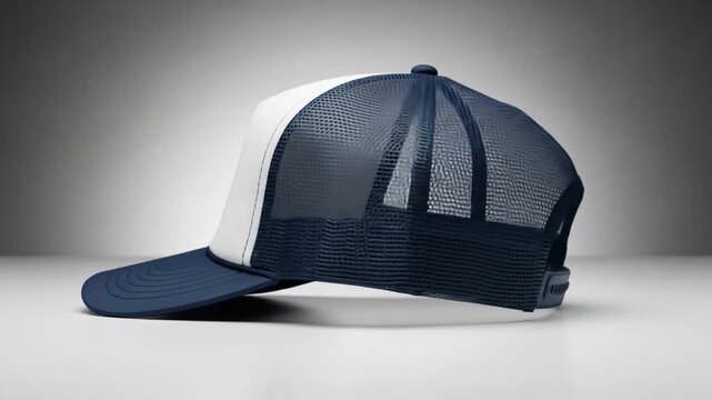 Clean studio shot of a two-tone trucker cap with white front panel and navy mesh back