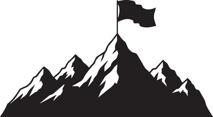 Silhouette of a flag waving on a mountain peak representing achievement