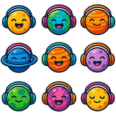 Obraz premium Colorful planet emojis with headphones in space theme.