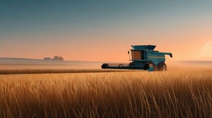 Golden wheat field at sunrise with harvester cutting rows, warm light and dust creating peaceful rural atmosphere