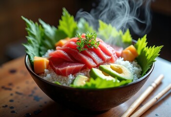 Exquisite Tuna Avocado Poke Bowl Tropical Ingredients Freshness Nature Beauty