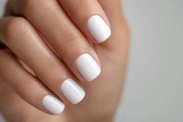 Elegant White Manicure on Natural Female Hand. cloud dancer color of the year