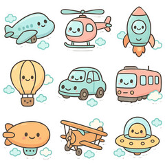 Cute cartoon transportation: airplane, helicopter, rocket, hot air balloon, car, train, blimp, biplane, ufo.