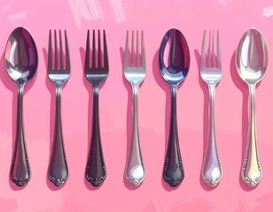 Arrangement of spoons and forks against a textured pink background