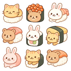 Obraz premium Cute animal-inspired sushi characters in playful illustrations.