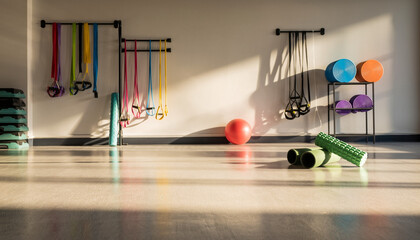 Home fitness equipment neatly arranged in a bright, sunlit room, showcasing resistance bands, foam rollers, and medicine balls for a balanced workout