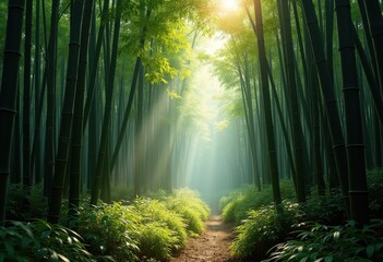 Obraz premium Serene Bamboo Grove Tranquility Sunlit Vortex Trunks Greenery biodiversification