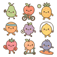 Cute cartoon fruits engaged in sports activities with cheerful expressions.