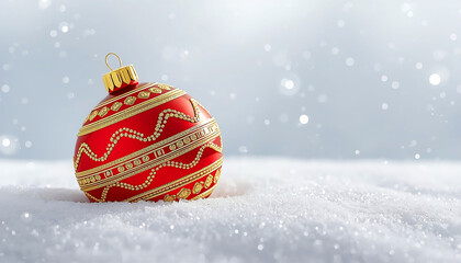 Fototapeta premium Une boule de noël rouge et dorée dans la neige devant un arrière plan blanc et gris scintillant pour les fêtes de fin d'année