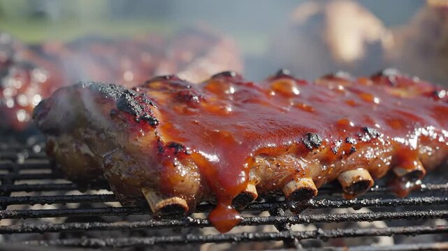 Succulent barbecued pork ribs glistening with rich sticky sauce as they cook on an outdoor grill.