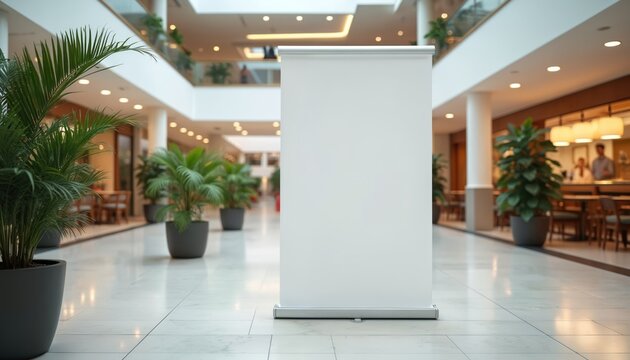 Empty white roll up banner stand in modern mall interior. Plants and shops surround blank advertising space. Copy space for marketing message design.