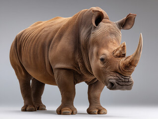 Obraz premium Realistic rhinoceros full body side view detailed skin large horn powerful mammal standing on neutral background calm expression