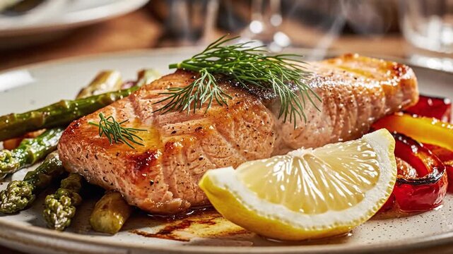 Close-up of pan-seared salmon with vegetables, lemon wedge, and dill sprig on a plate