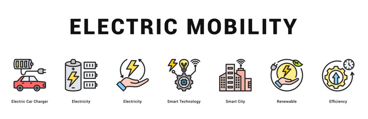 Electric Mobility Modern and clean web banner illustration featuring thematic icons for visual communication