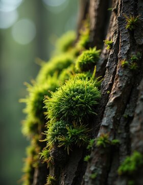 Close-up view of moss growing on a tree trunk. Green velvety bryophytes cover rough bark, creating a natural forest texture. Sunlight illuminates soft plant details.