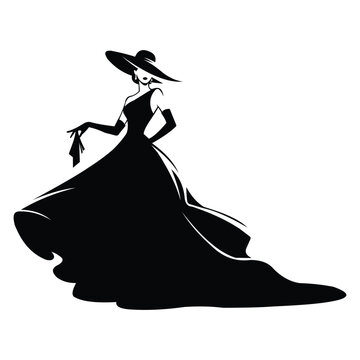 Elegant woman in a long dress and hat silhouette isolated on vector illustration