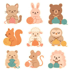 Obraz premium Cute cartoon animals knitting with yarn: cat, rabbit, bear, squirrel, sheep, owl, hamster, mouse, hedgehog.