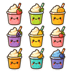Cute kawaii ice cream cups with smiling faces and fruit accents.