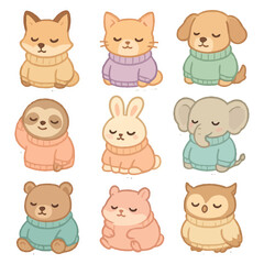 Obraz premium Cute animals in sweaters: dog, cat, sloth, rabbit, elephant, bear, owl.