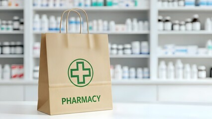 first aid box, Eco-friendly paper bag with green cross and pharmacy text on counter in pharmacy store. Blurred background with shelves of medicine and health products. Brown bag with handles on white 