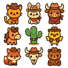 Cute western animals in cowboy hats and bandanas on white background.