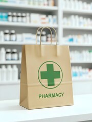 first aid box, Eco-friendly paper bag with green cross and pharmacy text on counter in pharmacy store. Blurred background with shelves of medicine and health products. Brown bag with handles on white 