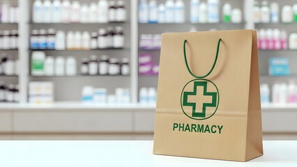 first aid box, Eco-friendly paper bag with green cross and pharmacy text on counter in pharmacy store. Blurred background with shelves of medicine and health products. Brown bag with handles on white 