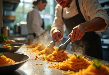 Michelin-Star Culinary Mastercraft Elaborate Pasta Creation in Action Inside High-End Restaurant Kitchen