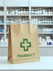 first aid box, Eco-friendly paper bag with green cross and pharmacy text on counter in pharmacy store. Blurred background with shelves of medicine and health products. Brown bag with handles on white 