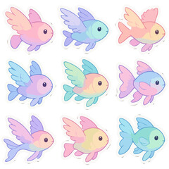 Fototapeta premium Colorful cartoon flying fish collection in pastel colors.