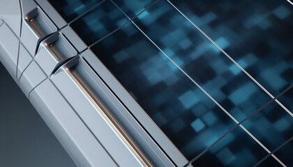 Abstract Digital Geometric Pattern with Glowing Blue Squares on a Metallic Surface