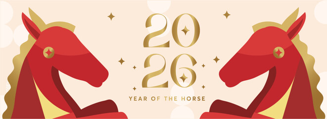Modern chinese new year 2026 banner vector background with horse colored with colorful chinese patterns for decoration cover card flyer branding poster hieroglyphics mean happy new year
