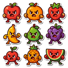 Cartoon fruit characters with angry expressions and bold colors.
