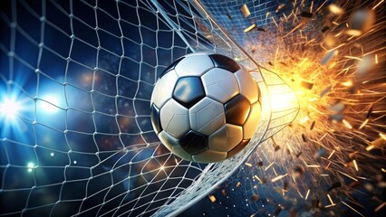 Fototapeta premium Dynamic Soccer Ball Exploding Through Goal Net with Fiery Sparks and Dramatic Lighting