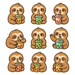 Fototapeta premium Cute cartoon sloths enjoying colorful bubble tea in various poses.